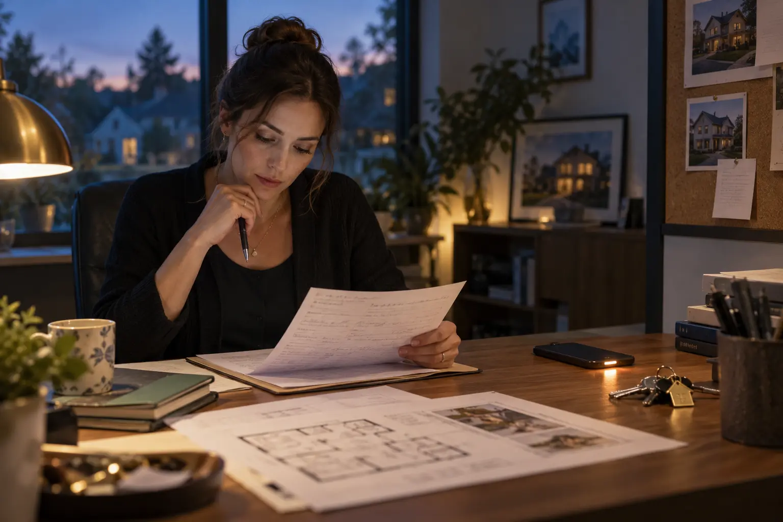 A real estate coordinator reviewing an inquiry after hours in a quiet office.