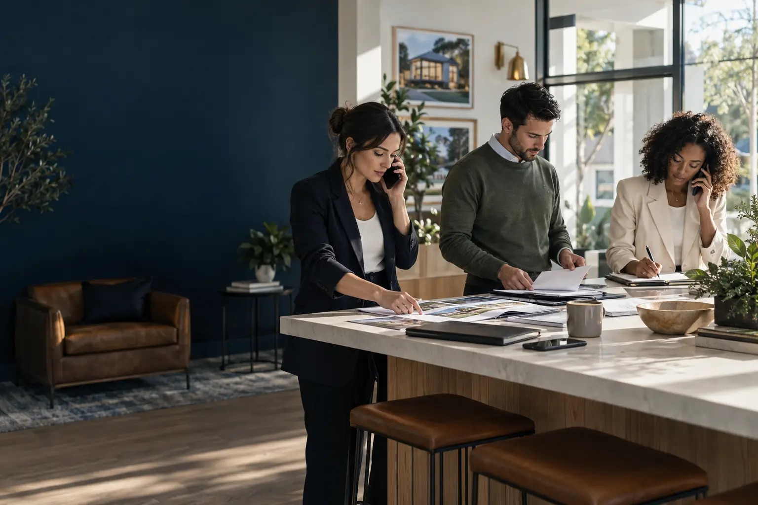 A real estate operations team coordinating buyer and seller inquiries in a bright brokerage office.